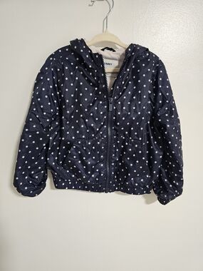🧸2/20$ Old Navy Girl Size 3T Navy Polka Dot Hooded Rain Jacket Windbreaker